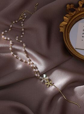 韩版珍珠锆石花朵项链Y字ins小众轻奢锁骨链森系女生颈链短项链