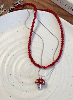 蘑古力红蘑菇串珠项链长款项链女