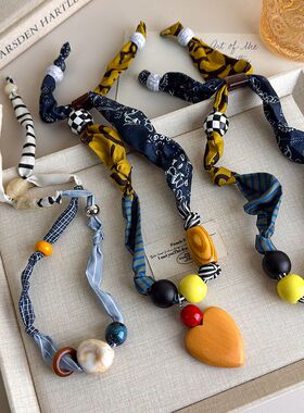 时尚设计趣味拼接布艺项链文艺小众手工时髦丝巾锁骨链可调节颈链