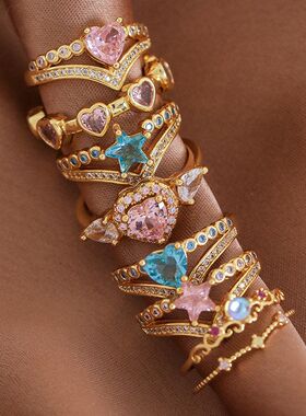 欧美风跨境新款轻奢戒指心形爱心蝴蝶结微镶几何开口戒指指环批发