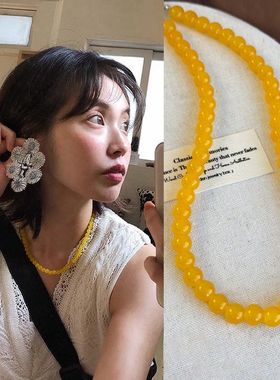 新中式黄色玻璃仿玉圆珠串珠项链复古简约锁骨链颈链拍照搭配配饰