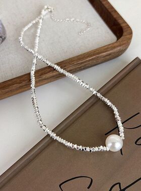 不规则碎银子形状珍珠吊坠项链女设计感锁骨链简约轻奢气质脖颈链