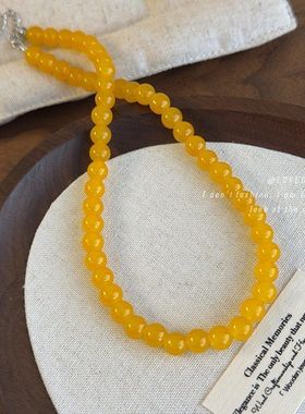新中式黄色玻璃仿玉圆珠串珠项链复古简约锁骨链颈链拍照搭配配饰