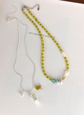 小众个性趣味配饰留声机音乐盒吊坠撞色绿色猫眼石串珠锁骨链项链