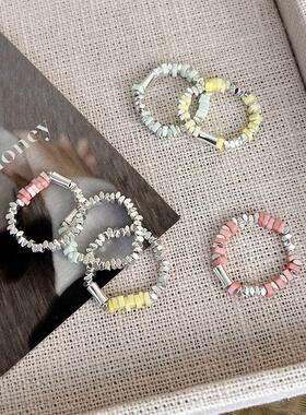 韩版新款小众设计彩色串珠碎银子弹力绳戒指甜美食指戒简约指环女