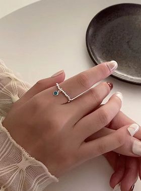 春夏新款蓝色水晶串珠戒指弹力戒时尚个性简约食指戒百搭叠戴指环