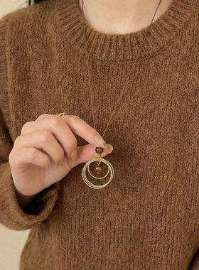 美拉德金色虎眼石长款吊坠项链女款秋冬轻奢高级感毛衣链装饰配饰