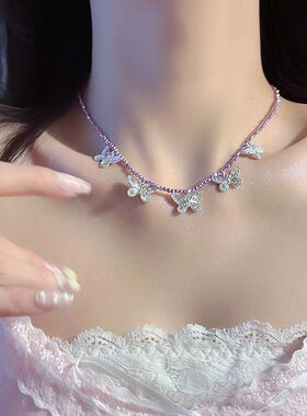 小众轻奢甜酷碎银串珠蝴蝶项链女款高级感锁骨链纯欲辣妹颈链配饰