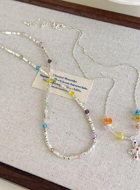 夏日清透感多巴胺彩色水晶星星碎银子撞色项链夏日叠戴锁骨链颈链