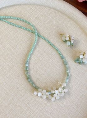 春夏清新曼波色调薄荷香草项链法式清冷感串珠耳钉耳饰锁骨链饰品