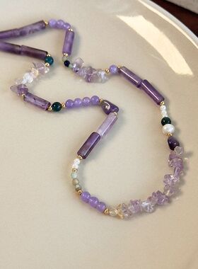 暗夜紫色石头串珠项链小众百搭时尚复古锁骨链项链新品拍照配饰女