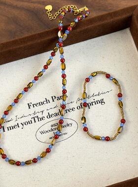 彩色红色珠锁骨链小众多巴胺明星同款项链颈链气质串珠项饰手链女