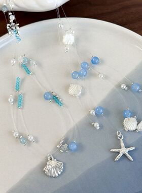 夏日海边度假风蓝色水晶玻璃珠鱼线三股海洋项链简约百搭拍照配饰