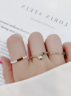 韩版复古珍珠水晶弹力戒指指环爱心彩色春夏新款撞色叠戴饰品