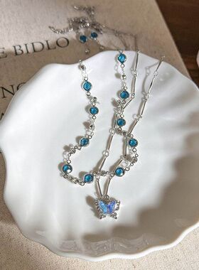 度假风海边蓝色双层蝴蝶项链女轻奢小众精致颈链锁骨颈链叠戴配饰