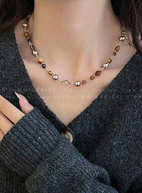 美拉德虎眼石珍珠项链2025新款爆款毛衣链大气高档高级感串珠配饰