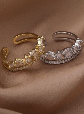 欧美流行微镶锆石柳叶双层戒指森系甜美奢华闪锆开口指环手饰跨境