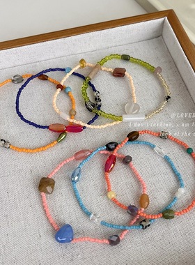 甜美简约新中式彩色天然石米珠叠戴手链小众设计俏皮水晶手串手链