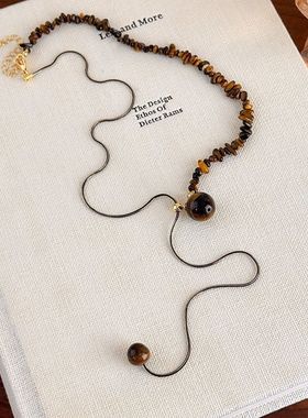 美拉德不规则虎眼石串珠项链复古小众设计款气质高级感抽拉毛衣链