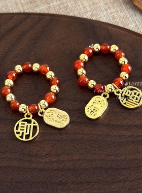 春节款民族风气质红色金色撞色串珠戒指新年时尚中式弹力指环手饰