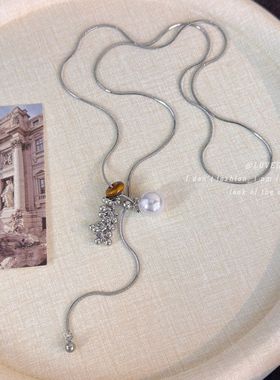 秋冬串珠虎眼石仿珍珠葡萄串流苏项链女轻奢小众设计感气质毛衣链