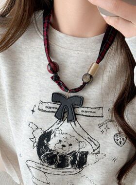 咖色皮质蝴蝶结格子布艺项链女美拉德串珠挂脖配饰复古小众毛衣链