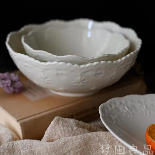 【梦田良品】出口欧洲复古浮雕奶白色陶瓷餐具小碗/方碟/椭圆盘 - 图2