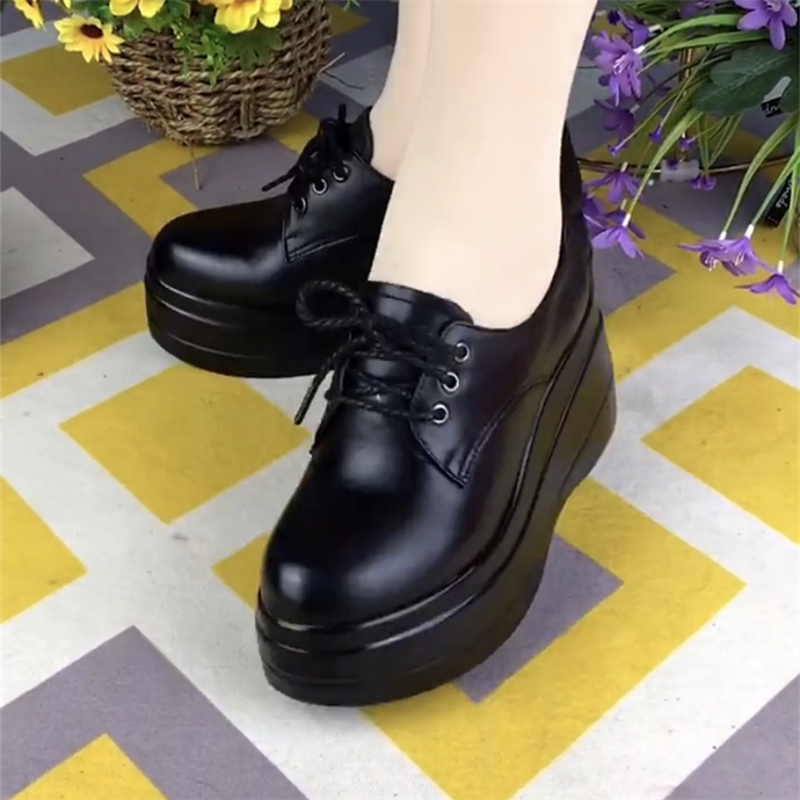 单鞋女真皮圆头深口小个子系带皮鞋女厚底高跟软皮坡跟增高松糕鞋,淘宝优惠券,粉丝福利购,淘宝优惠卷