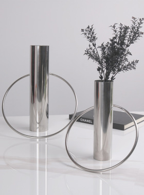 样板间现代轻奢金属创意圆环试管花器软装样板房客厅餐桌插干花花