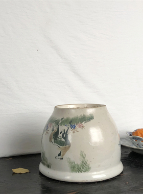 孤品 民国手绘釉下五彩卷缸文房摆件陶瓷小缸书房春风杨柳马缸