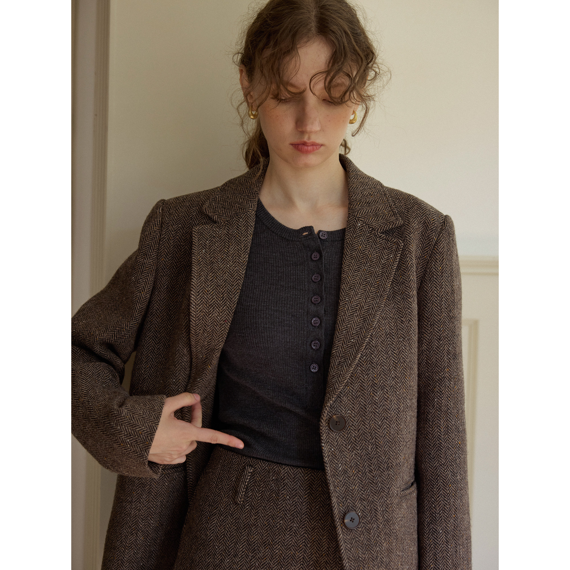 复古人字纹羊毛休闲宽松短款西装毛呢外套女秋冬新款呢子通勤韩版,淘宝优惠券,粉丝福利购,淘宝优惠卷