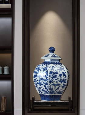 陶瓷青花仿古风将军罐六方小摆件