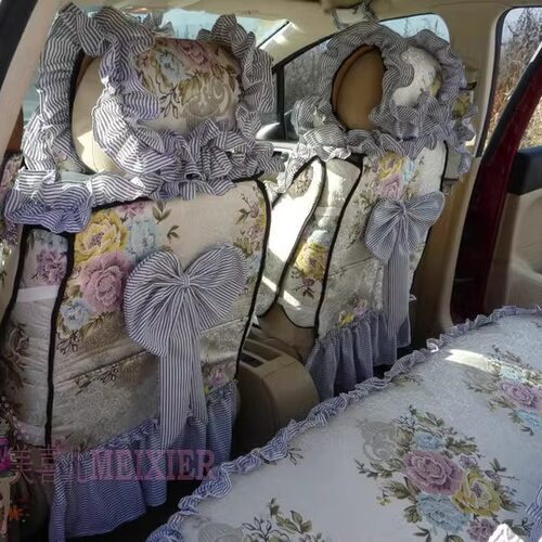 订制欧式女神全包通用汽车坐垫座垫杭绣女士四季时尚花边蕾丝座套 - 图2
