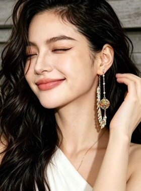 S925银针韩版七彩虹色宝石球耳钉高级感波西米亚水晶流苏两用耳环