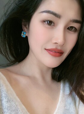 新中式淡水珍珠绿松色C形圈耳环女仿松石纹理设计叶子草耳钉耳饰