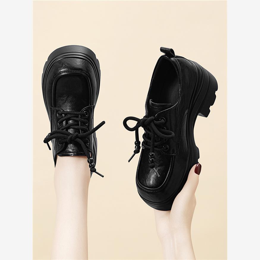 小皮鞋女2025年春秋新款厚底高跟英伦风单鞋黑色系带百搭jk乐福鞋 - 图2
