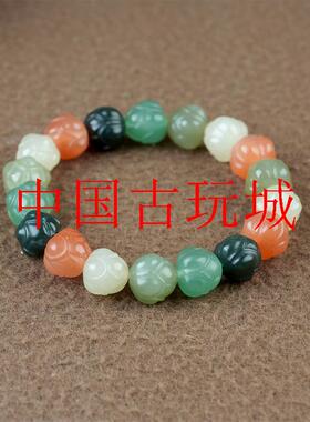 新款新疆和田玉老坑多宝手串雕刻莲花珠散珠单圈手串男女款玉手链