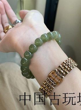 精选和田玉色冰底湖水绿手显白百搭高级感礼物手串老型桶珠