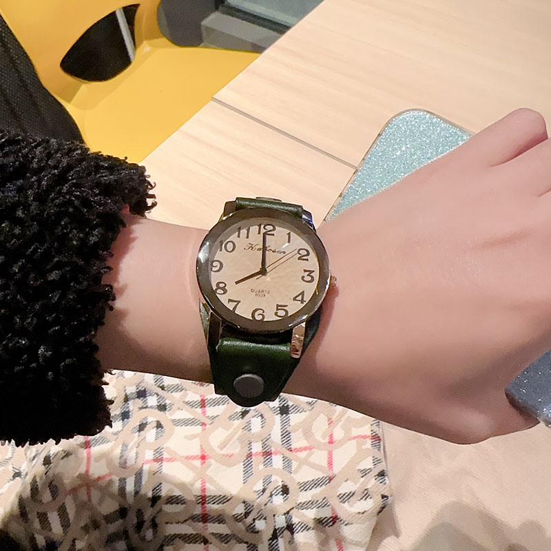 圆形复古手表牛皮文艺百搭石英机芯女士表中性简约大盘潮流腕表女 - 图1
