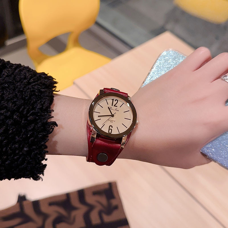 圆形复古手表牛皮文艺百搭石英机芯女士表中性简约大盘潮流腕表女 - 图3