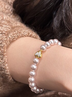 深圳旭佳旭家s925纯银正圆曼塔玫瑰施家珍珠桃心蝴蝶结手链女小众