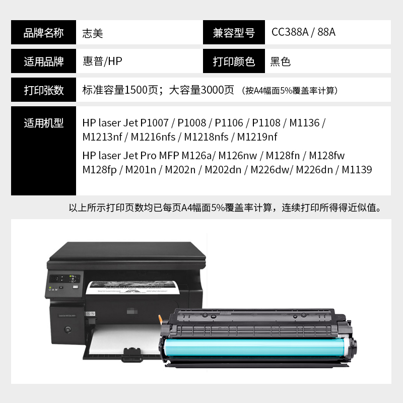 志美适用惠普CC388A硒鼓M1216NFH M128FN M128FW M128FP M126ANW M1314 M128NFS M1136 P1108 1007 m126a墨盒 - 图1