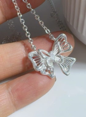 S925纯银项链立体蕾丝蝴蝶吊坠