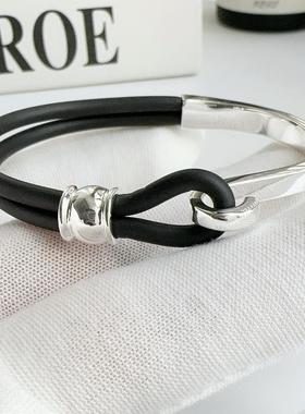 韩国原单s925纯银银黑皮绳手环ins高级感冷淡风女拼接不对称手镯