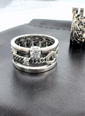 韩代S925纯银做复古坦克链条镶钻戒指朋克风重工宽版闭口食指环女