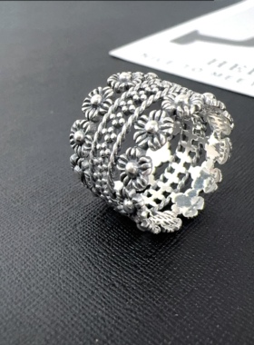 S925银雏菊戒指个性复古宽版
