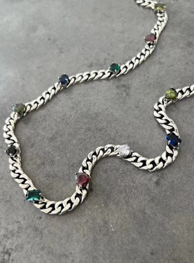 古巴链s925纯银彩色宝石项链