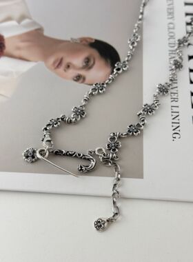 通体S925纯银做旧复古别针项链女四叶草拼接可拆卸毛衣链潮高级感