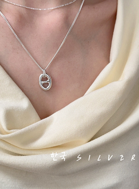 韩国通体s925纯银项链女实心猪鼻子吊坠锁骨链简约百搭毛衣链新款