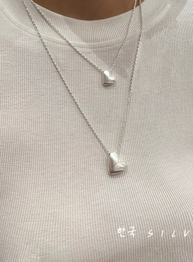 韩代S925纯银质感实心拉丝爱心项链女磨砂桃心吊坠百搭秋冬新款潮